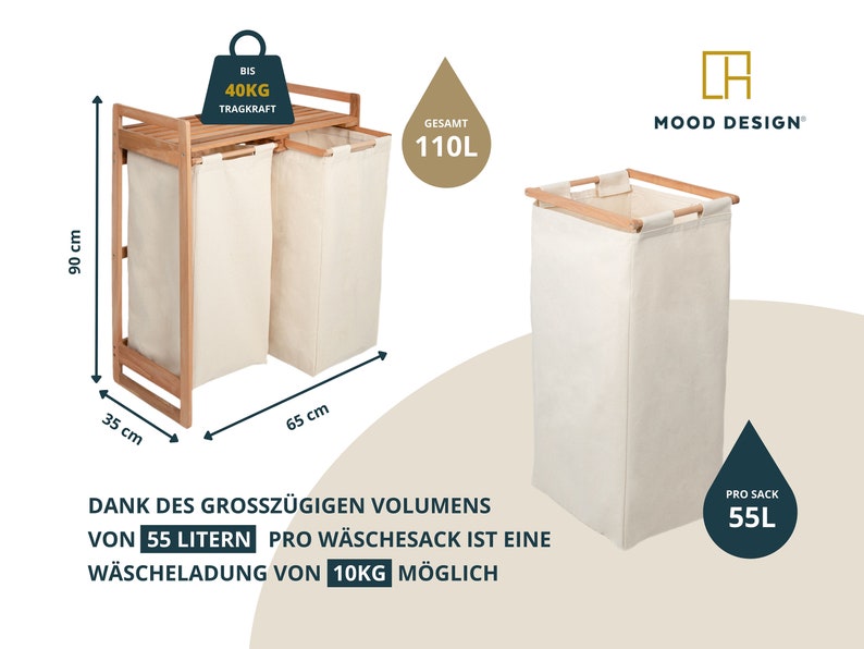 2er Wäschesortierer (110 Liter, 10KG Waschladung)
65 cm Bereit
35 cm Tief
90 cm Hoch

Dank des großzügigen Volumens von 55 Litern pro Wäschesack ist eine Wäscheladung von 10KG möglich.