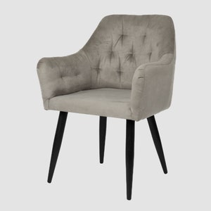 Dining room chair 100% wood & velvet, velvet fabric light gray, with armrest Velvet chair, kitchen chair, upholstered chair, wooden chair, wooden legs image 1