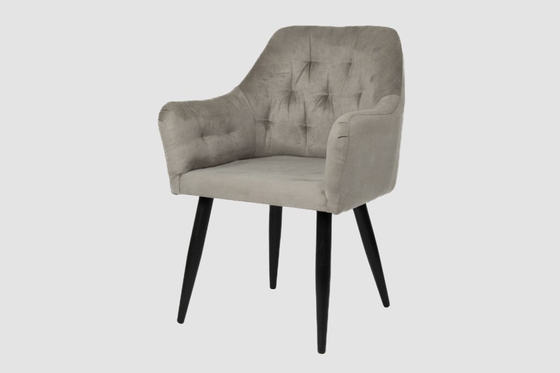 Dining room chair 100% wood & velvet, velvet fabric light gray, with armrest Velvet chair, kitchen chair, upholstered chair, wooden chair, wooden legs image 1