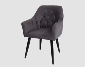 Dining room chair [100% wood & velvet], velvet fabric dark gray, with armrest | Velvet chair, kitchen chair, upholstered chair, wooden chair, wooden legs