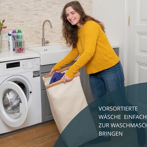 Wäschesammler Beige, 2er-Wäschesack, 110L Recyceltes Vollholz & Baumwolle, 10KG Wäscheladung, Ausziehbare Wäschesortierer, Wäschetruhe Bild 8