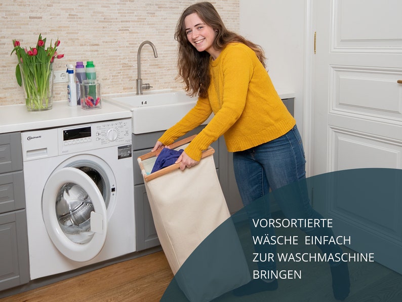 Wäschesammler Beige, 2er-Wäschesack, 110L Recyceltes Vollholz & Baumwolle, 10KG Wäscheladung, Ausziehbare Wäschesortierer, Wäschetruhe Bild 8