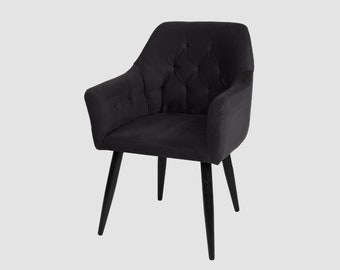 Dining room chair [100% wood & velvet], black velvet fabric, with armrest | Velvet chair, kitchen chair, upholstered chair, wooden chair, wooden legs