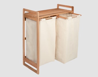 Laundry collector beige, 2-bag laundry bag, 110L [recycled solid wood & cotton], 10KG laundry load, pull-out laundry sorter, laundry chest