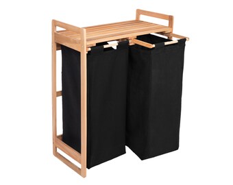 Black laundry basket, 2-bag laundry basket, 110L [recycled solid wood & cotton], mould-resistant, storage, laundry sorter, laundry chest