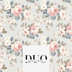 May include: A seamless pattern featuring a repeating design of pink and white roses with green leaves on a light blue background. The pattern is perfect for fabric, wallpaper, or other decorative projects.