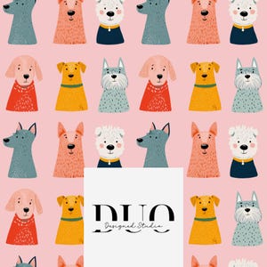 May include: A repeating pattern of illustrated dogs in various colors and breeds on a pink background. The dogs are wearing collars and outfits in shades of blue, orange, yellow, and pink. The image includes the text "DUO Designed Studio" in a white rectangle.