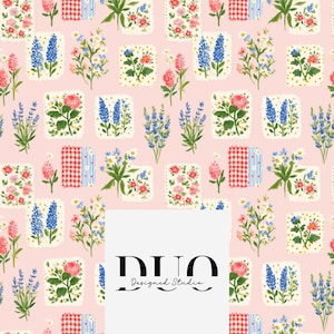 May include: A pink floral pattern with square frames containing flower arrangements and white lace trim. The design includes red gingham and blue striped patterns. The text "DUO Designed Studio" is in the lower centre.