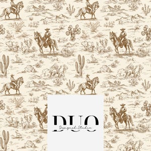 Toile Desert Cowboys Seamless Pattern, Western Repeat Surface Pattern, Cowgirl Fabric Pattern, Digital Paper Download, Commercial Use