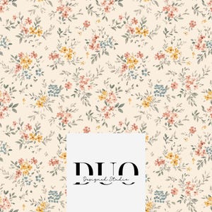 May include: A cream-colored floral pattern with pink, yellow, and blue flower clusters and green leaves. The design is repeated across the surface. The text "DUO Designed Studio" is displayed in black on a white rectangle.