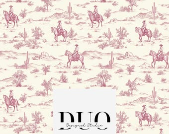 Pink Toile Desert Cowboys Seamless Pattern, Western Repeat Surface Pattern, Cowgirl Fabric Pattern, Digital Paper, Commercial Use