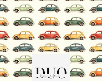 May include: A seamless pattern featuring vintage cars in various colors, including yellow, red, blue, and green. The cars are arranged in rows and columns, creating a repeating pattern. The background is a light cream color. The text "DUO Designed Studio" is centered in the bottom of the image.