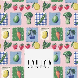 May include: A repeating pattern of illustrated fruits and vegetables, including strawberries, lemons, carrots, and broccoli, on a pink background. Each image is set within a square frame, some with a blue gingham pattern. The design includes the text "Nourriture".