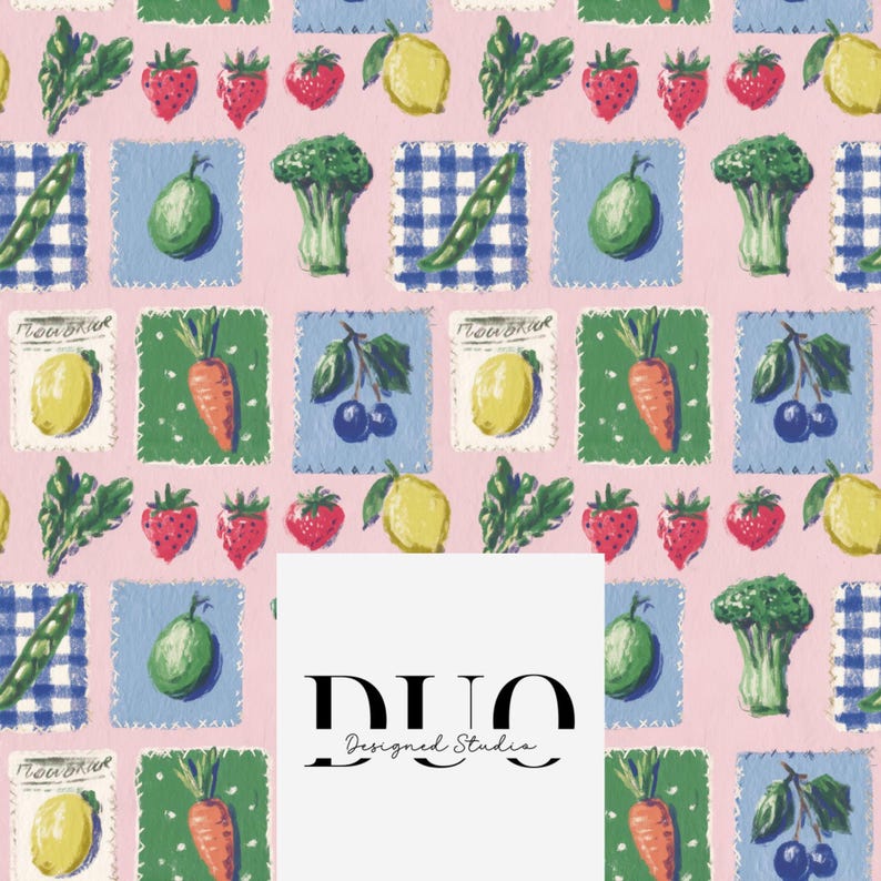 May include: A repeating pattern featuring illustrations of fruits and vegetables, such as strawberries, lemons, carrots, and broccoli, set against a pink backdrop. Each image is framed within a square, some with a blue gingham design. The design includes the text "Nourriture".