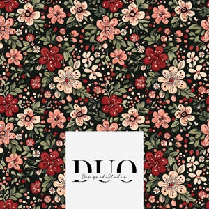 May include: A seamless pattern featuring a dark background with a variety of pink, red, and white flowers. The flowers are surrounded by small green leaves and dots. The text "DUO Designed Studio" is in the lower right corner of the image.
