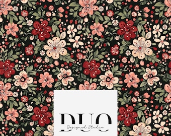 Patrón floral retro navideño sin costuras, acuarela navideña, papel digital floral, patrón repetitivo navideño, diseño de superficie navideña