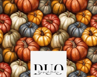 May include: A repeating pattern of pumpkins in various colours, including orange, yellow, red, white, and blue. The pumpkins have textured surfaces and green stems. The image includes the text "DUO Designed Studio".
