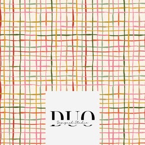 May include: A cream-colored grid pattern with intersecting lines in various colors, including red, pink, green, and yellow. The text "DUO Designed Studio" is displayed in black at the bottom.