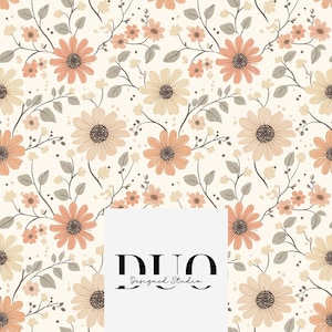 Könnte beinhalten: Ein nahtloses Muster mit einem sich wiederholenden Design aus pfirsichfarbenen und cremefarbenen Blumen mit grünen Blättern auf cremefarbenem Hintergrund. Der Text "DUO Designed Studio" befindet sich in der Mitte des Bildes.