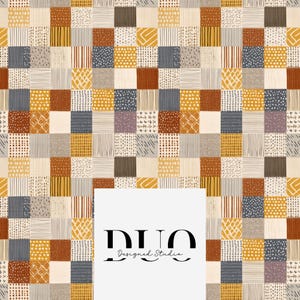May include: A patchwork pattern featuring squares in various colors including beige, brown, mustard yellow, gray, and purple. Each square has a unique design, such as stripes, dots, and geometric shapes. The text "DUO Designed Studio" is in the lower center.