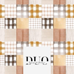 Puede incluir: Un diseño de patchwork con cuadrados de diferentes texturas y patrones en tonos neutros. El diseño incluye cuadros, vetas de madera y bloques de color sólido en tonos beige, marrón y dorado. El texto "DUO Designed Studio" se muestra en un rectángulo blanco.