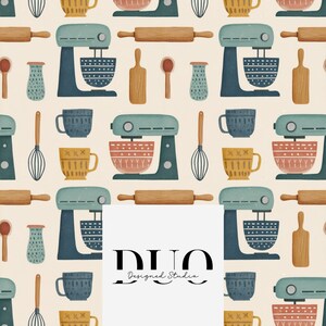 May include: A repeating pattern of kitchen tools and appliances on a cream background. The design includes blue stand mixers, rolling pins, wooden spoons, whisks, cutting boards, and mugs in blue and yellow. The text "DUO Designed Studio" is also present.