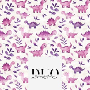 May include: A seamless pattern featuring purple watercolor dinosaurs and leaves on a white background. The pattern is perfect for fabric, wallpaper, or wrapping paper.