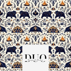 May include: A seamless pattern featuring a repeating design of stylized bears, campfires, tents, and floral elements in shades of blue, orange, and white on a cream background. The text "DUO Designed Studio" is in the center of the image.