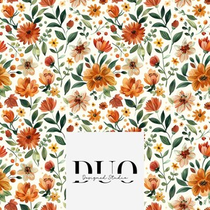 May include: A seamless floral pattern featuring orange and cream-colored flowers with green leaves and small yellow blossoms. The design includes the text "DUO Designed Studio" in a white rectangle.