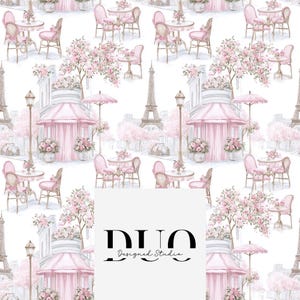 May include: Watercolor illustration featuring a repeating pattern of Parisian cafe scenes. Pink tables and chairs, flowering trees, and the Eiffel Tower are set against a white background. The image includes a logo with the text "DUO Designed Studio."