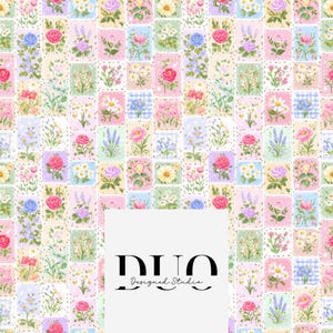 Op de afbeelding: Een bloemenpatroon met een patchwork-ontwerp met pastelkleurige vierkanten, elk met verschillende bloemen zoals rozen, madeliefjes en lavendel. Het rasterachtige patroon toont diverse bloemstukken. De tekst "DUO Designed Studio" staat onderaan de afbeelding.