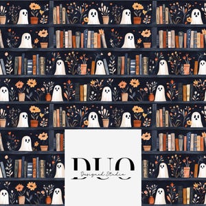 May include: A repeating pattern featuring a dark blue bookshelf design with white ghosts, orange flowers, and potted plants. The books are in shades of brown and orange. The bottom right corner has the text "DUO Designed Studio".