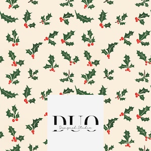 Christmas Holly and Berries Seamless Pattern, Repeat Tile Surface Pattern, Fabric Digital Paper Download Commercial Licence