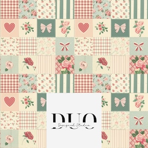 Może przedstawiać: Wzór bez szwów z patchworkowym wzorem z różnymi wzorami kwiatowymi, kratą w kratkę, paskami i kokardkami w odcieniach różowego, zielonego i kremowego. Wzór powtarza się na całym obrazie.