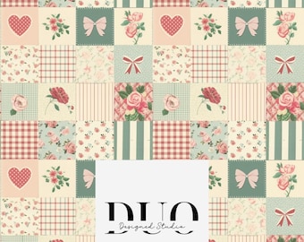 May include: A seamless pattern featuring a patchwork design with various floral patterns, gingham checks, stripes, and bows in shades of pink, green, and cream. The pattern is repeated throughout the image.