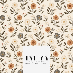 May include: A repeating floral pattern on a cream background featuring stylized flowers in shades of rust orange, dark gray, and off-white with dark green leaves. A white square overlay in the center displays the black text DUO Designed Studio.