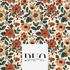 May include: A repeating floral pattern featuring orange, rust, and cream flowers with dark green leaves on a light cream background. A white rectangular overlay in the center displays the black text DUO Designed Studio in a serif font.