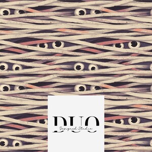 May include: A repeating pattern of mummy bandages in cream, pink, and dark purple, with cartoon eyes peeking through the gaps. The DUO Designed Studio logo is in the lower center.