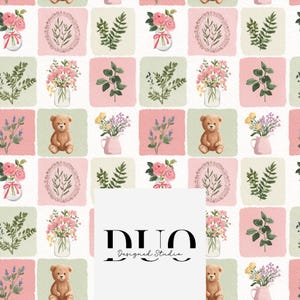 May include: A repeating pattern of squares in pink, green, and white, featuring illustrations of teddy bears, flowers in vases, and botanical elements. The design includes the text "DUO Designed Studio" in a black font.