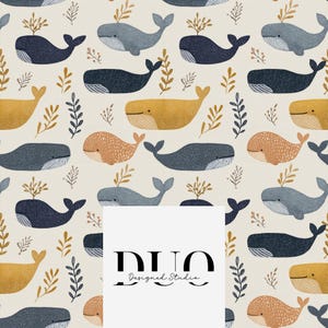 May include: A repeating pattern on a light beige background featuring stylized whales in shades of dark blue, light blue, and mustard yellow, interspersed with small sprigs. A white square overlay displays the black text DUO Designed Studio.