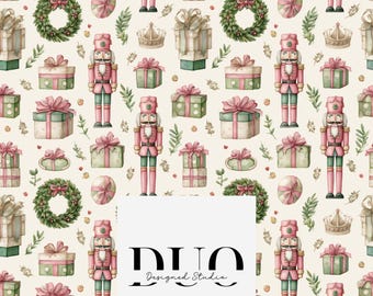 Pink Vintage Christmas Nutcracker Seamless Pattern, Pink Christmas Background Pattern, Fabric Digital Paper Download, Commercial Use