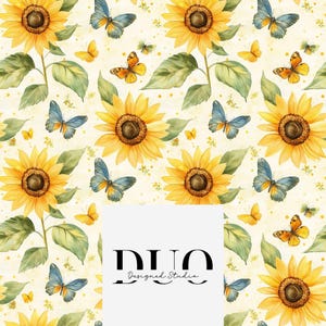 Puede incluir: Un patrón sin costuras con girasoles amarillos con centros marrones y hojas verdes, y mariposas azules y amarillas sobre un fondo blanco con pequeños puntos amarillos.