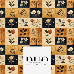 Peut inclure: Un motif sans couture avec un motif r&eacute;p&eacute;titif de diff&eacute;rentes fleurs dans des tons d'orange, jaune, blanc et marron. Les fleurs sont dispos&eacute;es en damier sur un fond de carr&eacute;s beiges et bleu fonc&eacute;.