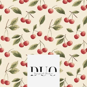 May include: A repeating pattern of red cherries and green leaves on a cream-colored background. The cherries are clustered in pairs and singles, with detailed stems. The leaves are a muted green. The image includes the text "DUO Designed Studio".