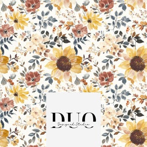 May include: A floral pattern featuring sunflowers, other flowers, and foliage in shades of yellow, brown, and blue on a white background. The design includes the text "DUO Designed Studio" in a black font.
