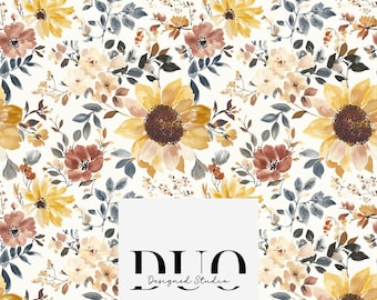 Painted Sunflowers Seamless Pattern, Watercolour Sunflower Background Pattern, Flowers Fabric Pattern, Floral Digital Paper, Commercial Use