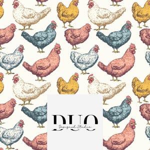 Colourful Chickens Seamless Pattern, Farmyard Digital, Chickens Background, Homesteading Background, Repeat Tile, Fabric Digital Download