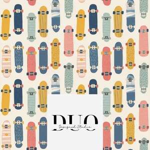 May include: A repeating pattern of skateboards in various colors including yellow, blue, pink, and light green on a cream background. A white rectangular overlay in the center features the black text DUO Designed Studio.