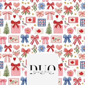 May include: A repeating pattern on a white background featuring bows, hearts, flowers, and Canadian flag stamps in red, pink, and blue. The design includes small Christmas trees and gold stars. The text "DUO Designed Studio" is at the bottom.