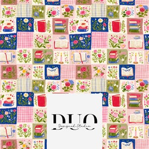 Peut inclure: Un motif répétitif avec des carrés illustrant des fleurs et des livres. Les carrés sont de différentes couleurs, dont le rose, le bleu et le vert. L'image comprend le texte "DUO Designed Studio".
